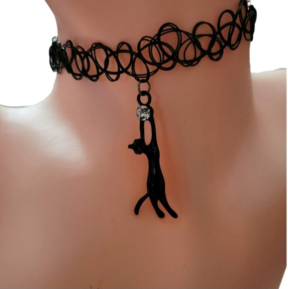 Y2k style stretchy black "tattoo" band necklace with black cat & crystal charm